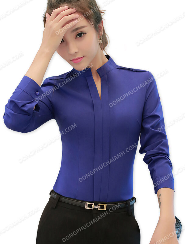 Mẫu đồng phục áo sơ mi nữ công sở màu xanh