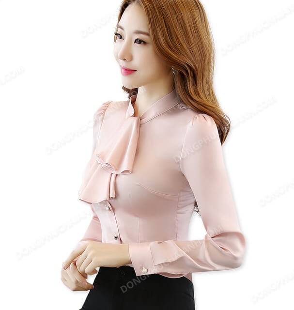 Mẫu đồng phục áo sơ mi nữ công sở màu hồng dài tay
