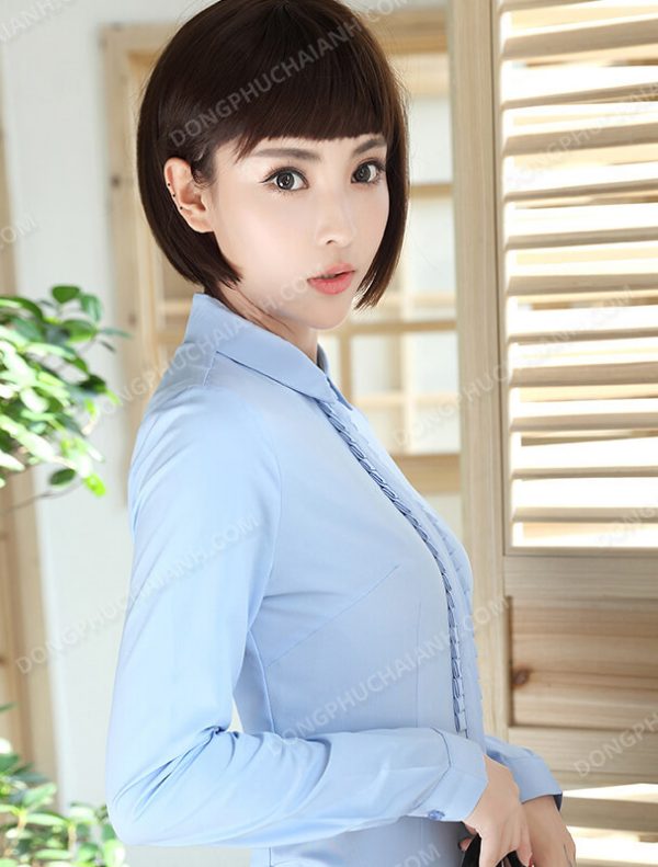 Mẫu đồng phục áo sơ mi nữ công sở hàn quốc màu xanh