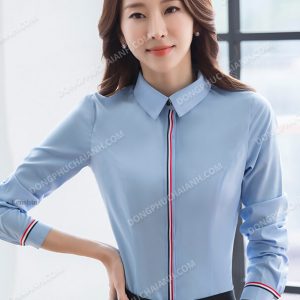 Mẫu đồng phục áo sơ mi nữ công sở phá cách màu xanh