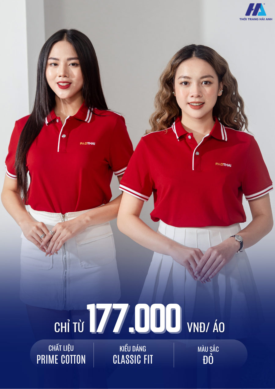 Thiết kế áo thun đồng phục màu đỏ phối màu trắng cổ dệt hai đường lé viền trẻ trung, hiện đại