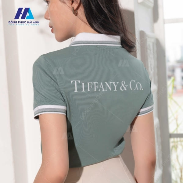 Mẫu áo thun đồng phục có cổ khóa kéo xanh xám Tiffany & Co.