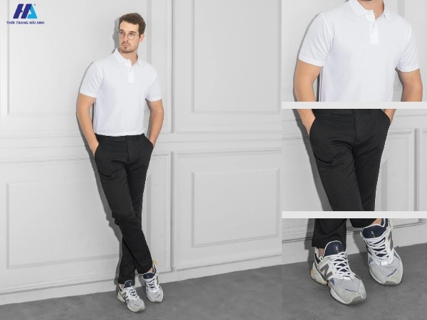 Áo polo mặc kèm quần tây, giày sneaker