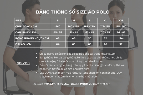 Bảng size áo đồng phục polo màu đen trắng FastUni