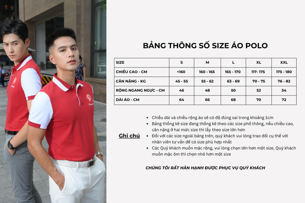 Bảng size áo polo đồng phục màu đỏ FastUni