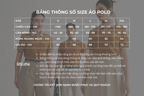 Bảng size áo đồng phục polo màu nâu đất FastUni