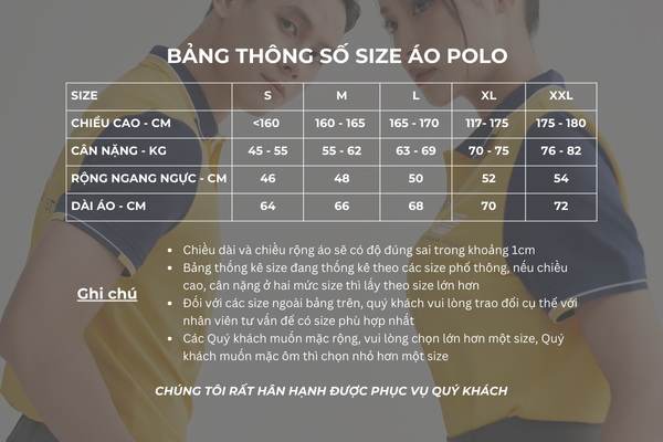 Bảng size áo polo đồng phục màu vàng FastUni