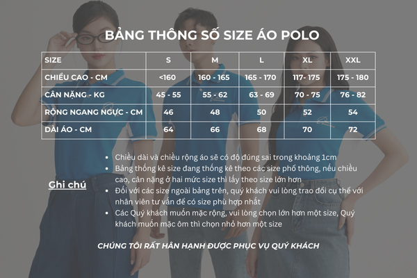 Bảng size áo polo đồng phục màu xanh dương phối sườn trắng FastUni