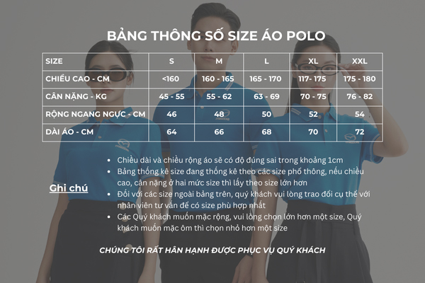 Bảng size áo polo đồng phục màu xanh trơn FastUni