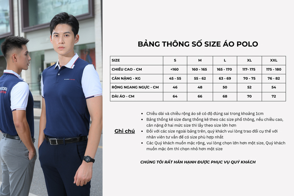 Bảng size áo polo đồng phục màu xanh đen FastUni