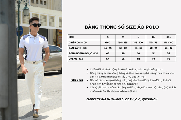 Bảng size áo polo đồng phục màu trắng phối xanh đen FastUni