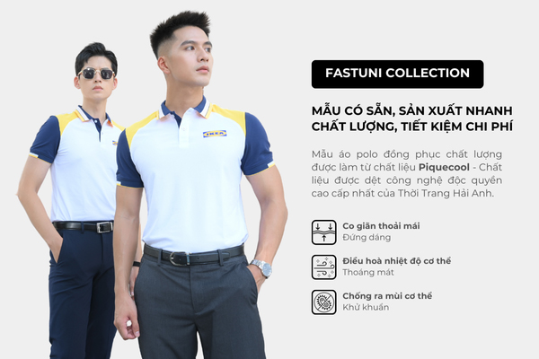 Chất liệu áo polo đồng phục phối ba màu trắng - xanh navy - vàng hài hoà và nổi bật