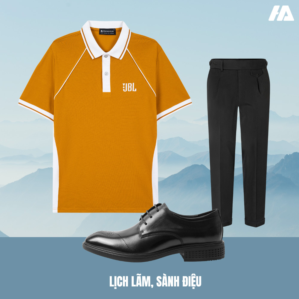 Những cách phối đồ với áo phông đồng phục màu vàng nghệ phối raglan cổ dệt màu trắng một đường lé viền