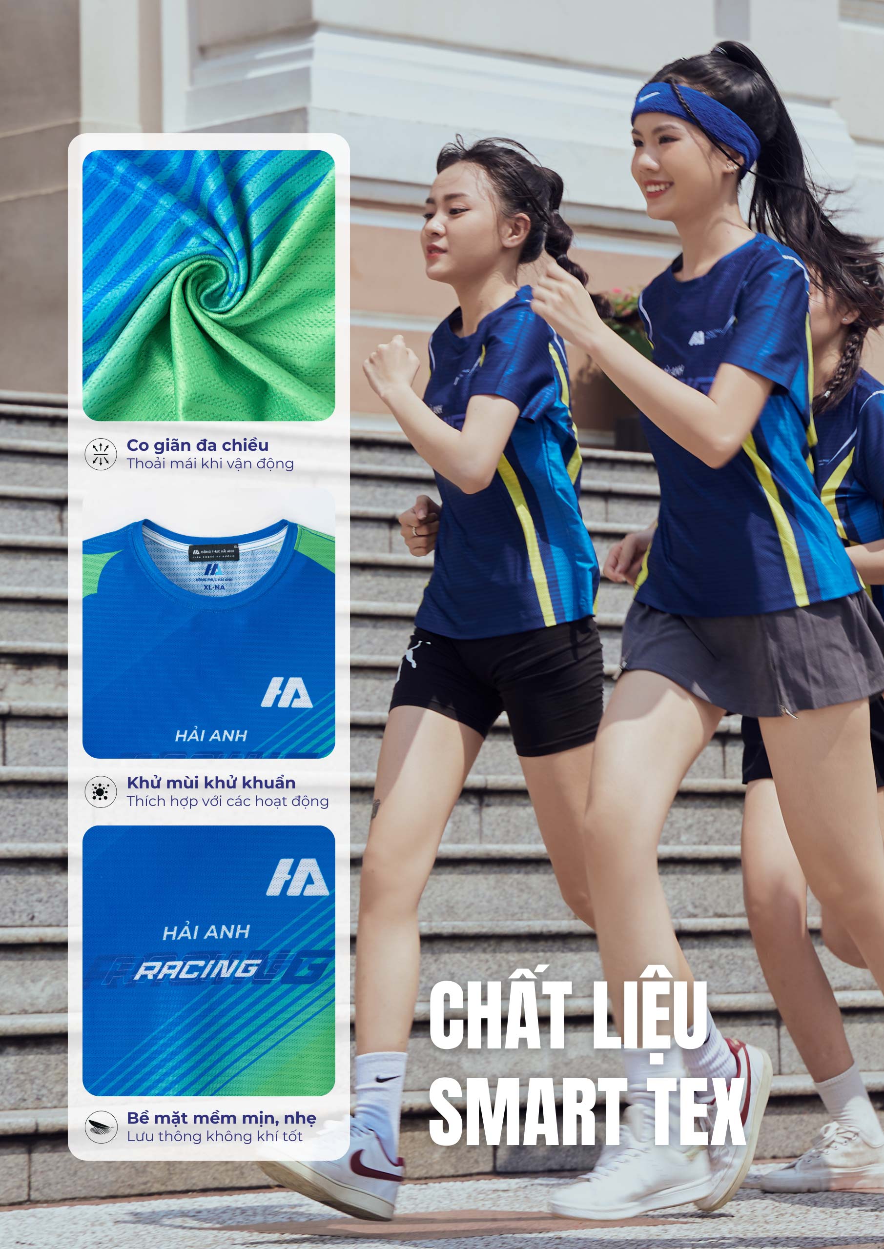 Áo thun đồng phục thể thao Hải Anh sử dụng chất liệu co giãn, thoáng khí
