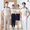 áo phông đồng phục công ty màu be phối cầu vai