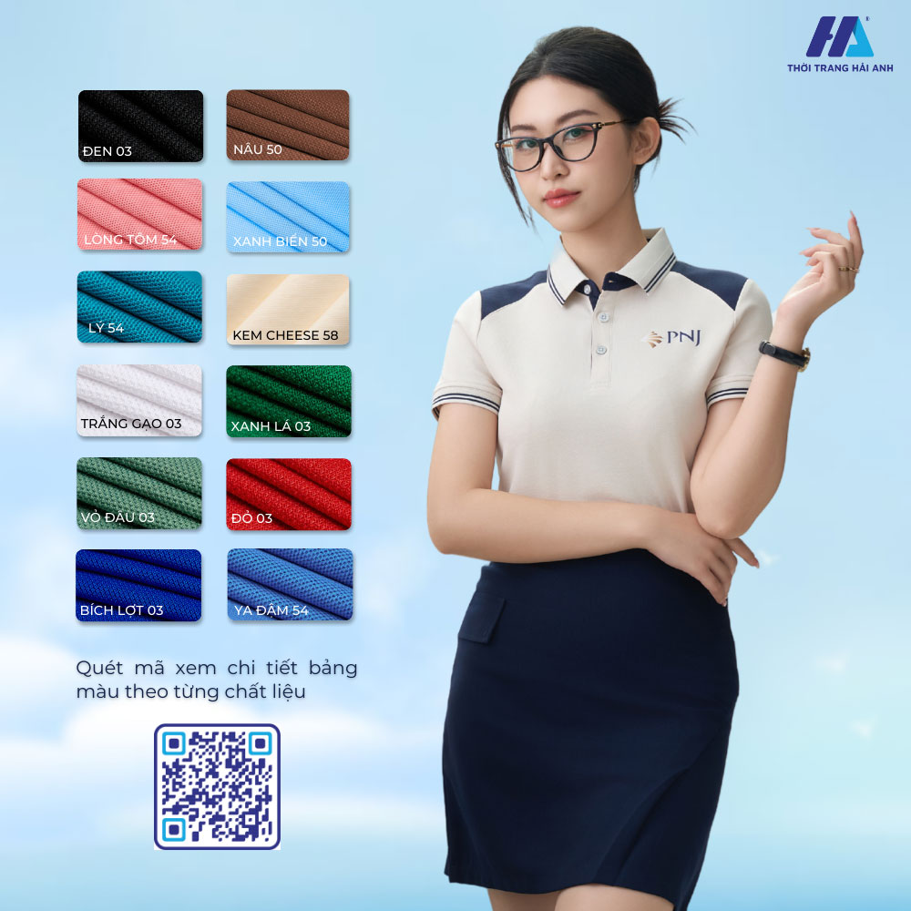 Bảng phối màu độc đáo của mẫu áo phông đồng phục công ty màu be phối cầu vai