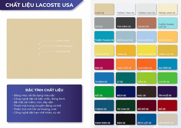 Bảng màu chất liệu Lacoste USA may đồng phục hiện nay