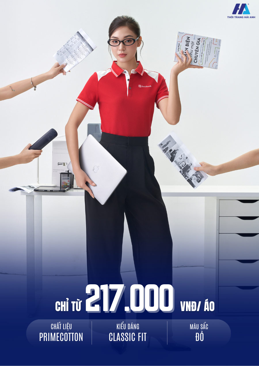 áo phông đồng phục công ty màu đỏ phối cầu vai thiết kế tinh tế và chuyên nghiệp