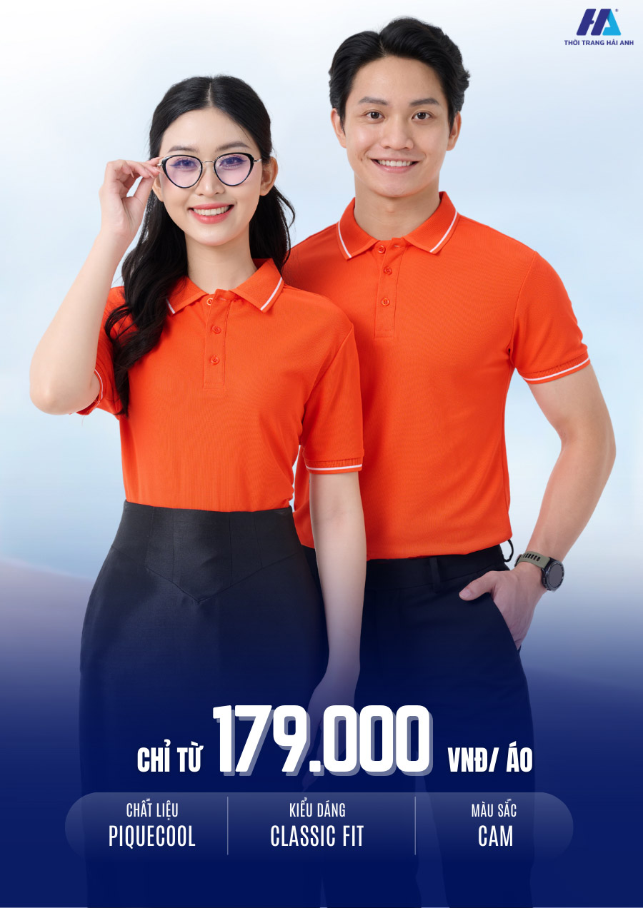 Áo thun đồng phục công ty màu cam với thiết kế cổ điển tay ngắn