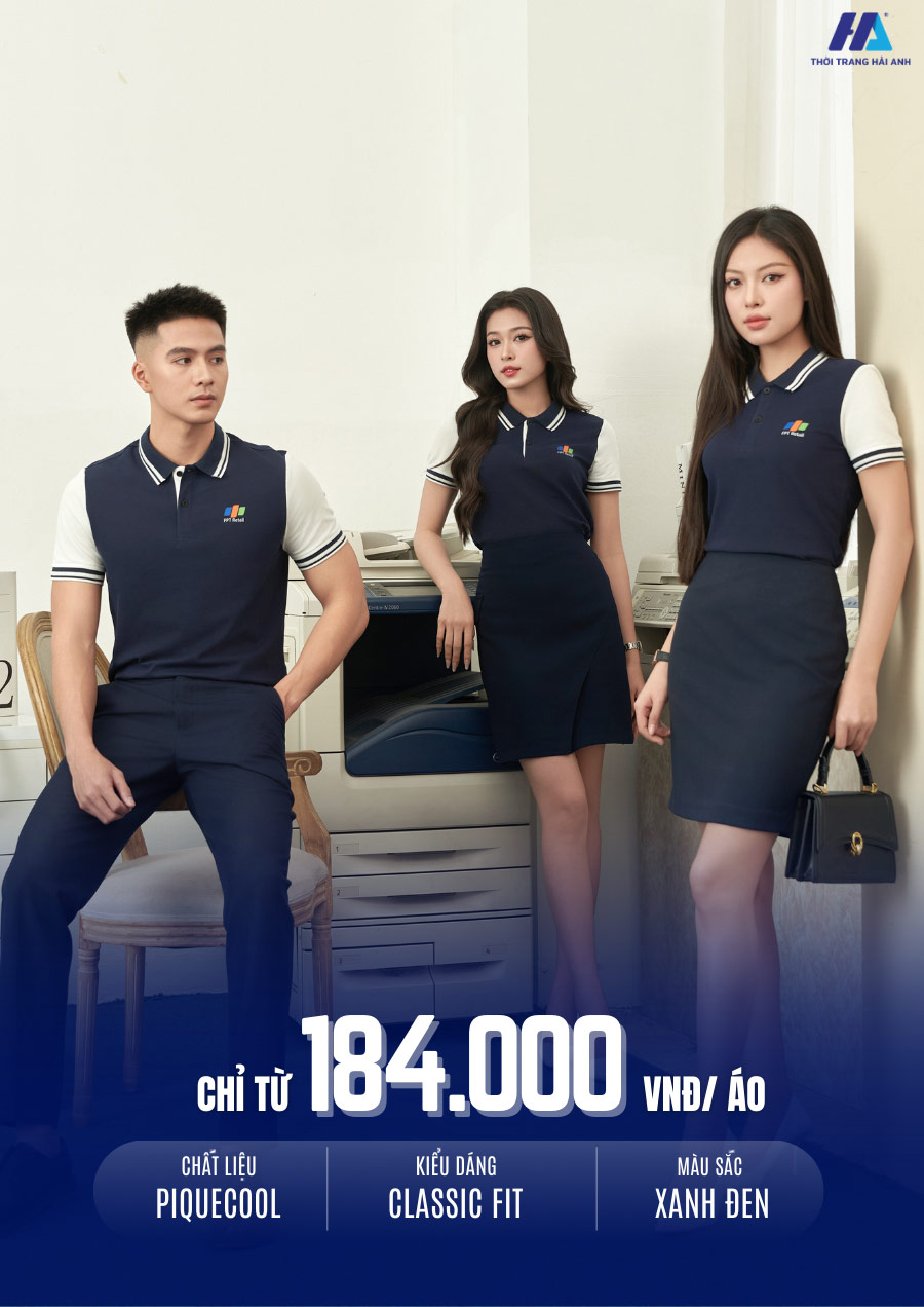 áo thun đồng phục công ty màu xanh đen phối trắng cùng phong cách thanh lịch và chuyên nghiệp