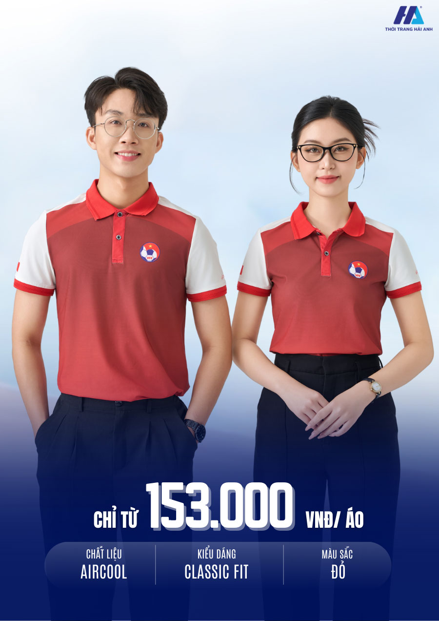 áo phông đồng phục công ty in chuyển nhiệt màu đỏ mang phong cách hiện đại và chuyên nghiệp