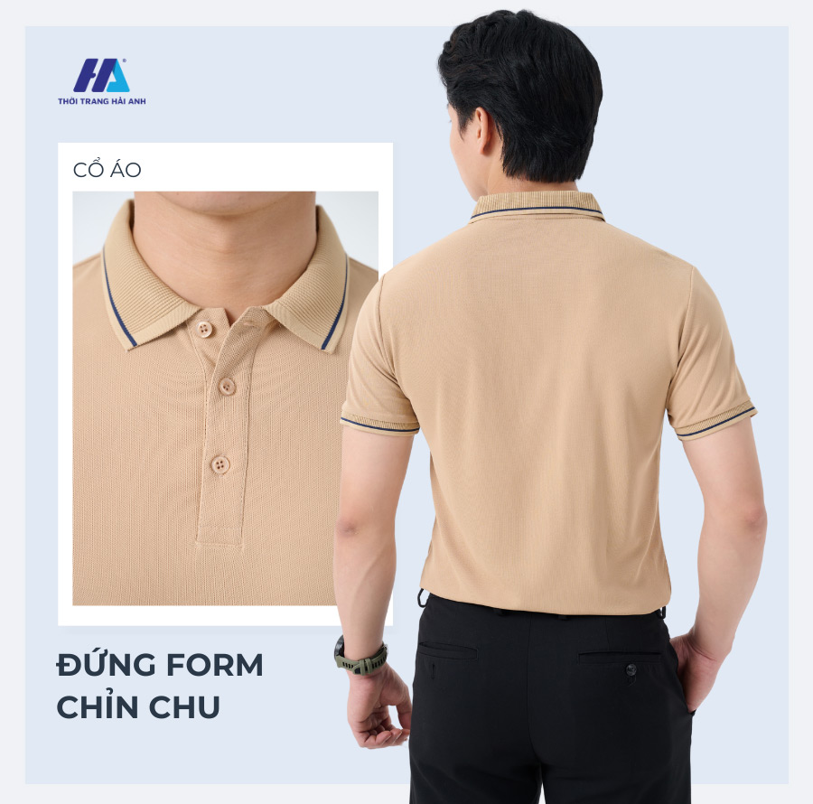 Áo thun đồng phục công ty màu be cùng cổ tay dệt phối theo yêu cầu