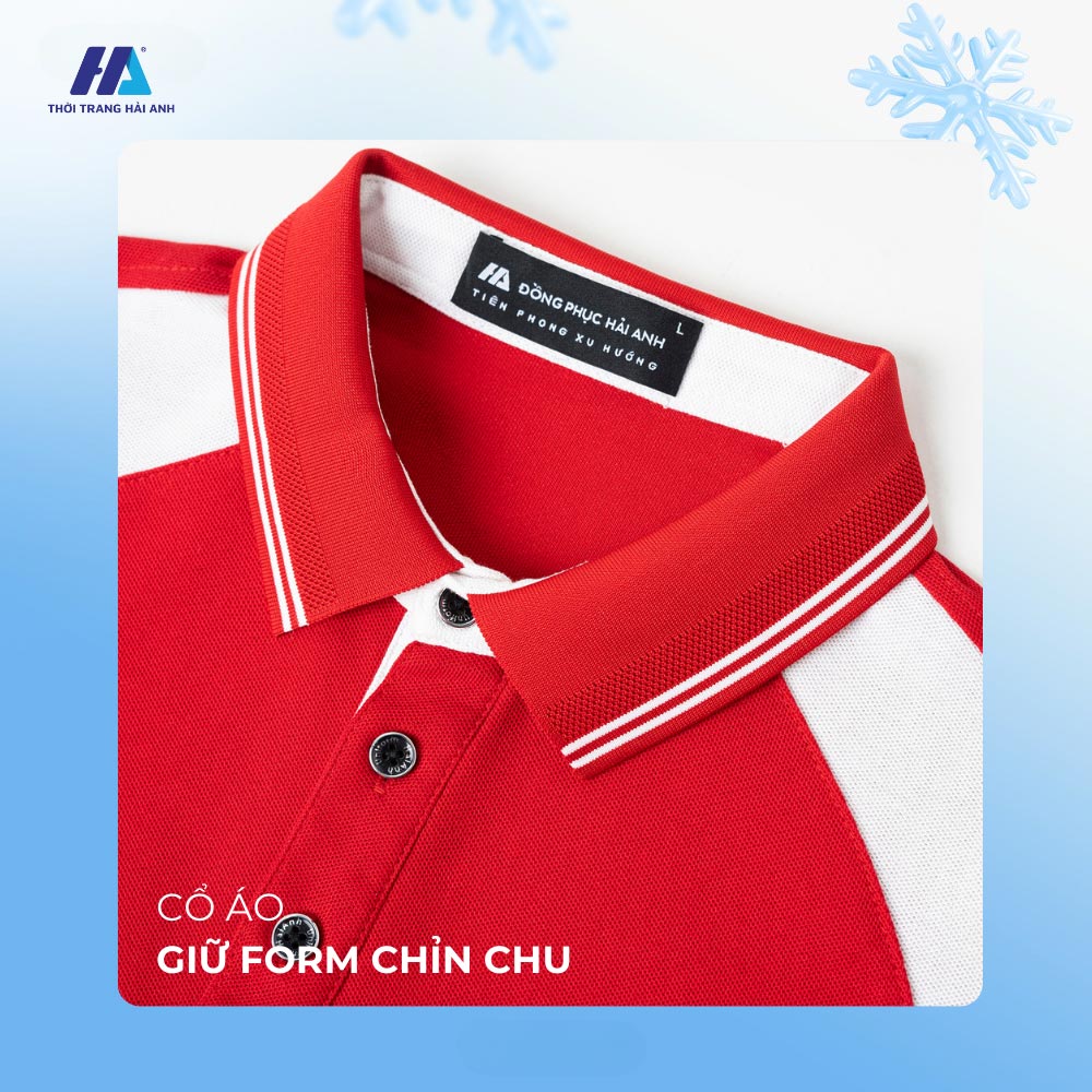 áo phông đồng phục công ty màu đỏ phối cầu vai thiết kế hoàn hảo vừa thanh lịch vừa chuyên nghiệp