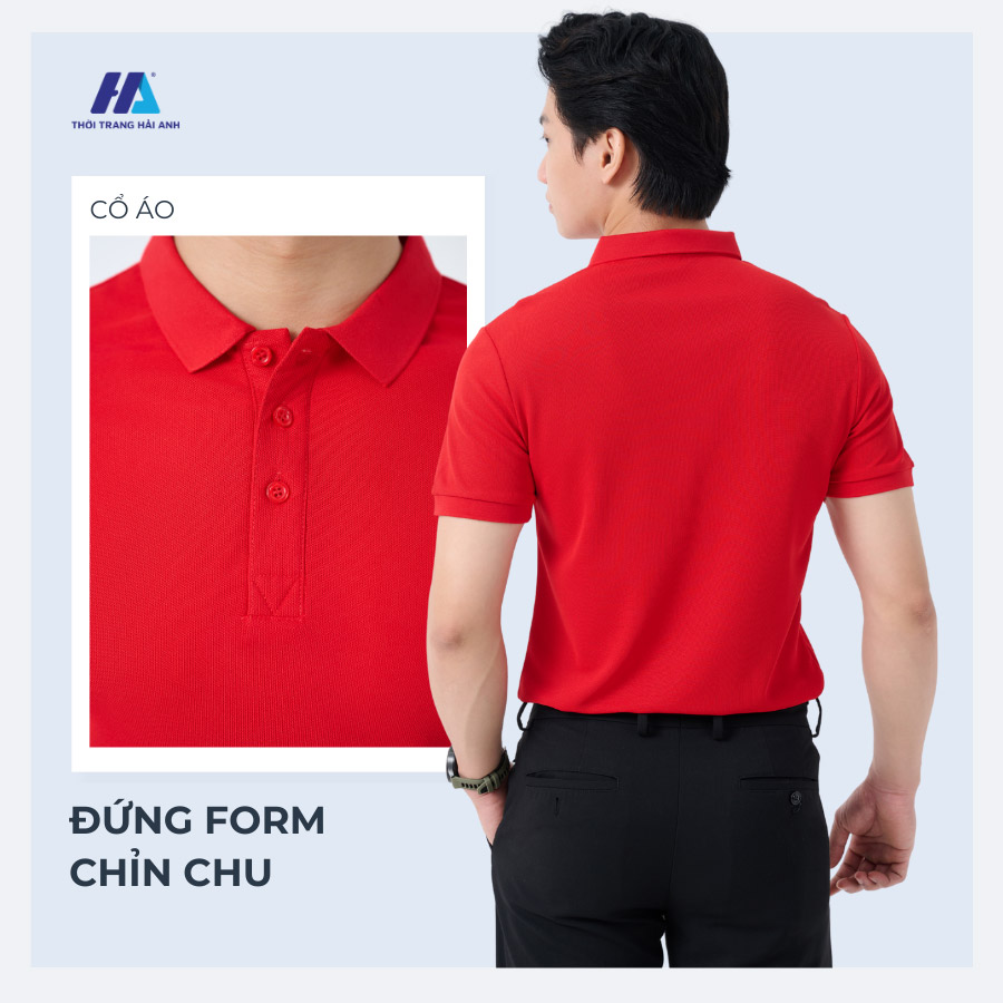 Áo thun đồng phục công ty màu đỏ có form dáng vừa vặn cơ thể.
