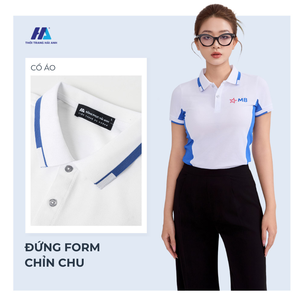 Áo thun đồng phục màu trắng phối thân bích lợt polo cổ bẻ, mang đến vẻ thanh lịch và trẻ trung