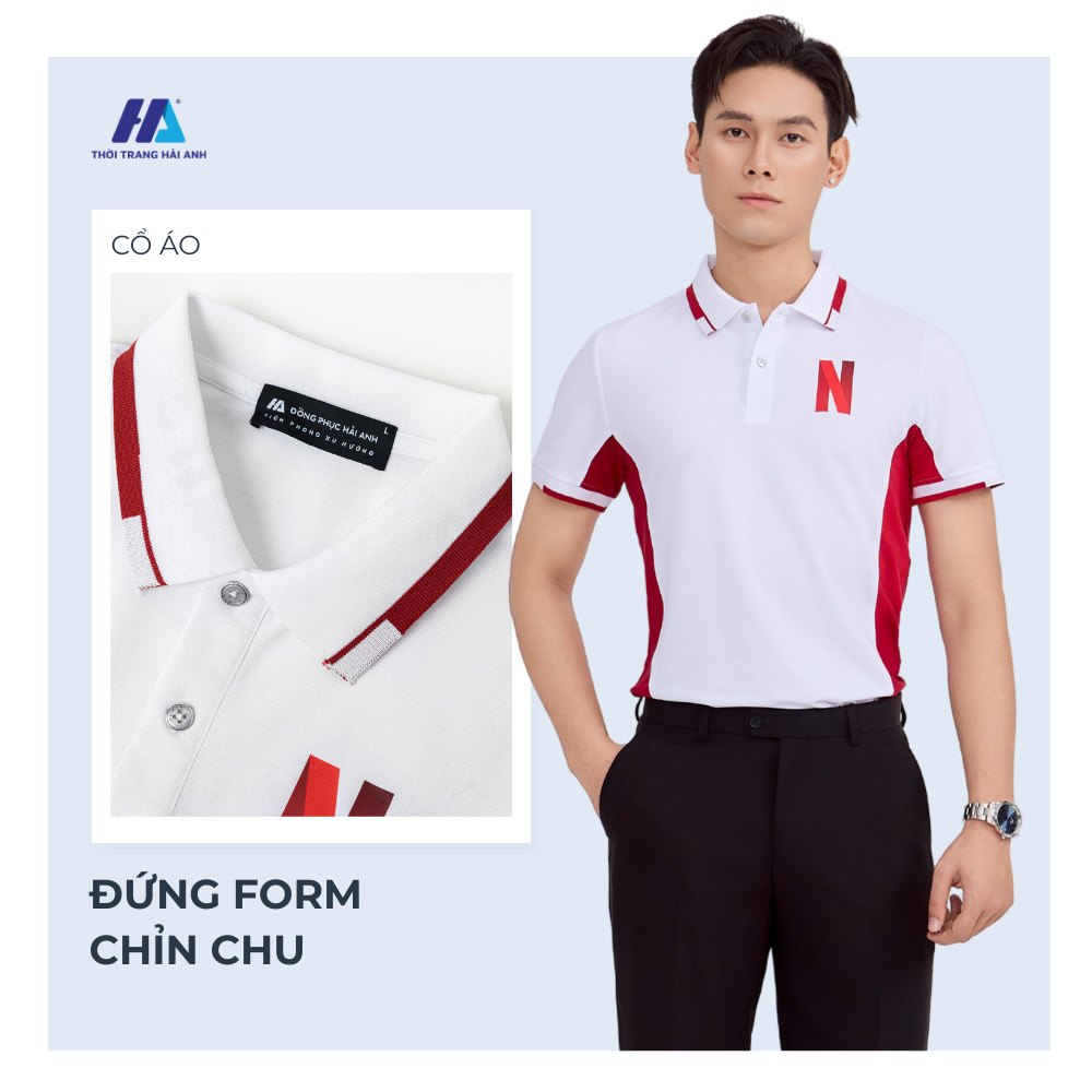 Áo thun đồng phục màu trắng phối thân đỏ với thiết kế polo cổ bẻ, tay ngắn chuyên nghiệp, nổi bật