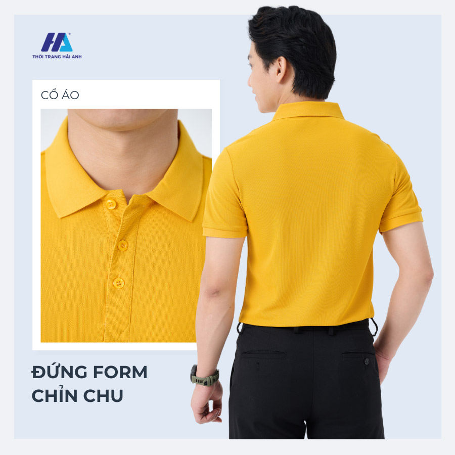 Áo thun đồng phục công ty màu vàng nghệ với thiết kế dáng suông, cổ bẻ, gọn gàng, tỉ mỉ trong từng chi tiết
