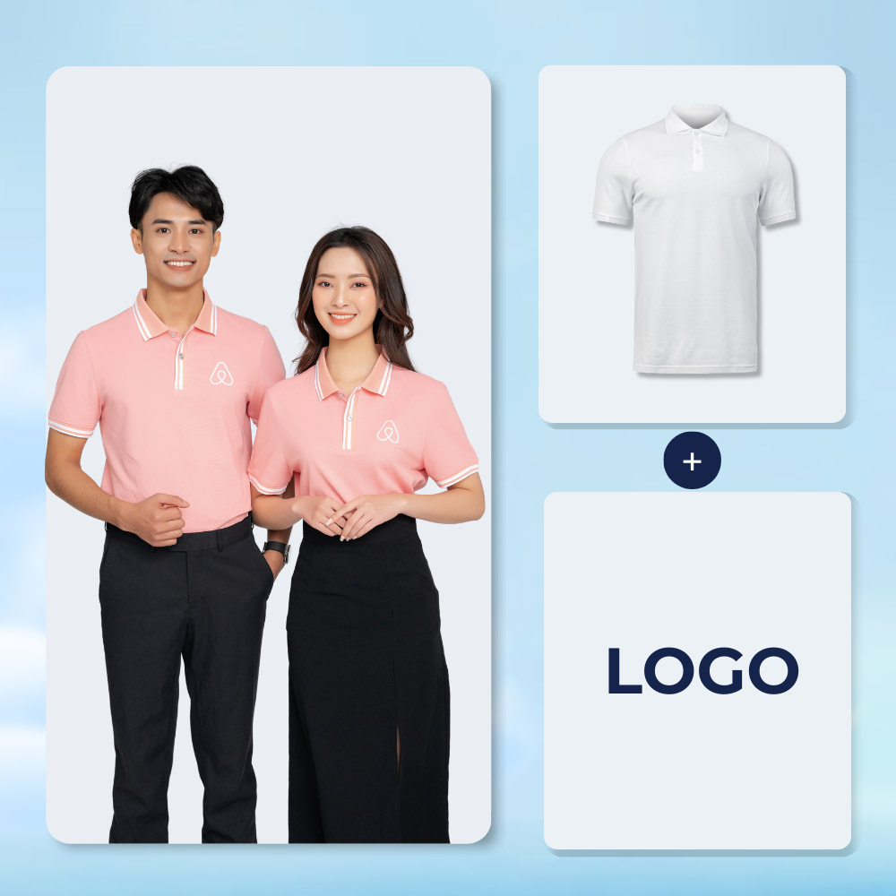 Áo polo đồng phục màu hồng áp dụng công nghệ in kỹ thuật số và thêu vi tính tiên tiến