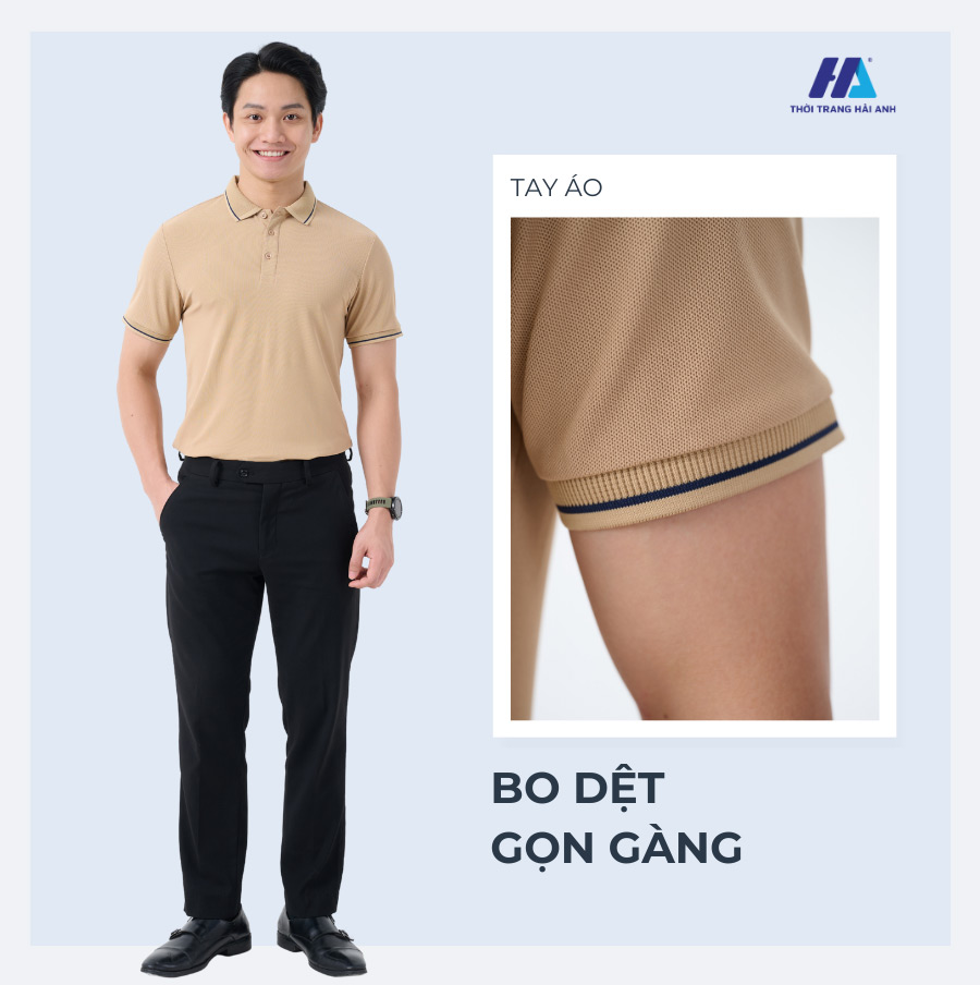 Mẫu áo thun đồng phục công ty màu be có thiết kế phối xanh ở bo tay và cổ áo.