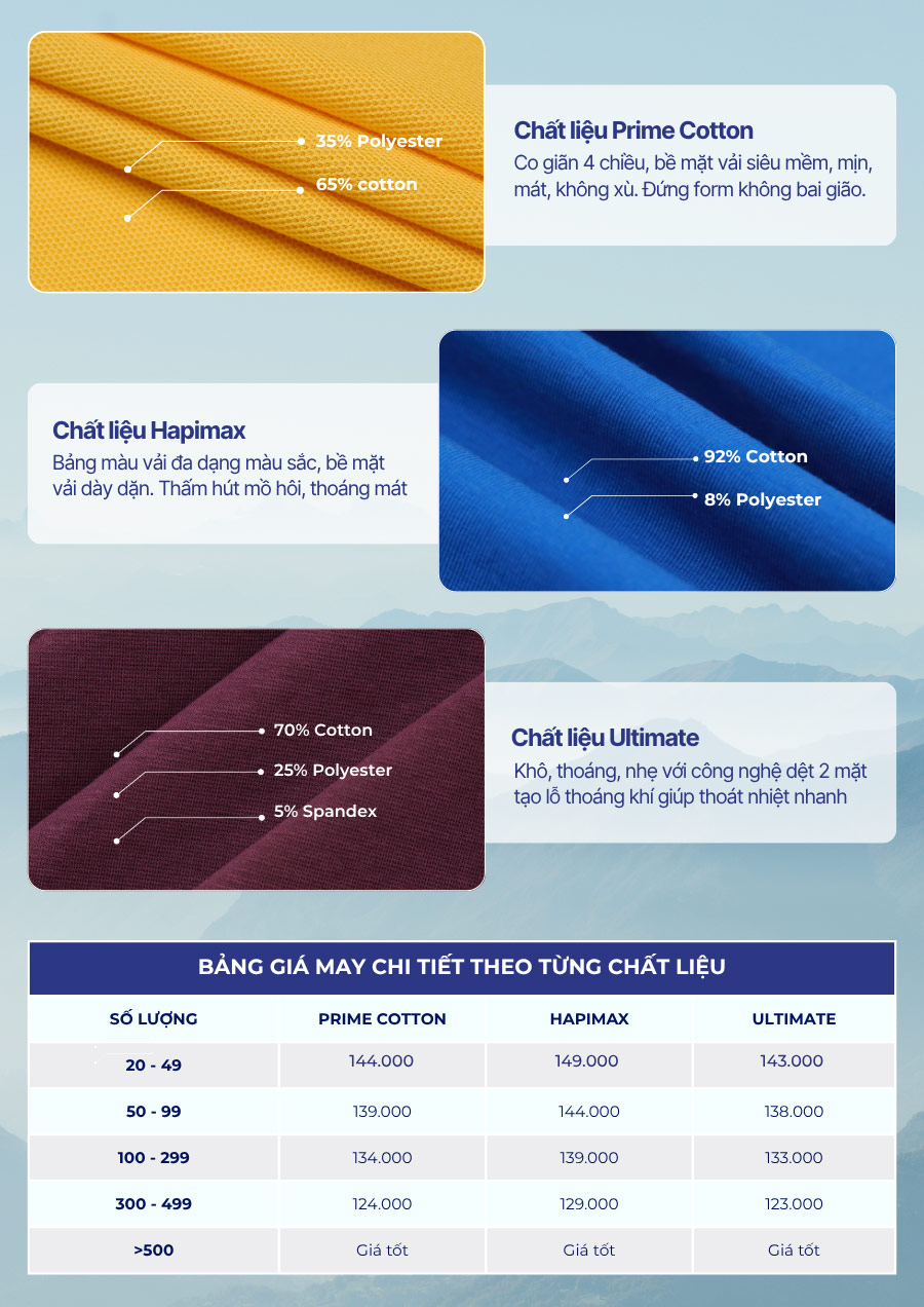 Bảng giá theo chất liệu áo polo đồng phục tại Thời Trang Hải Anh
