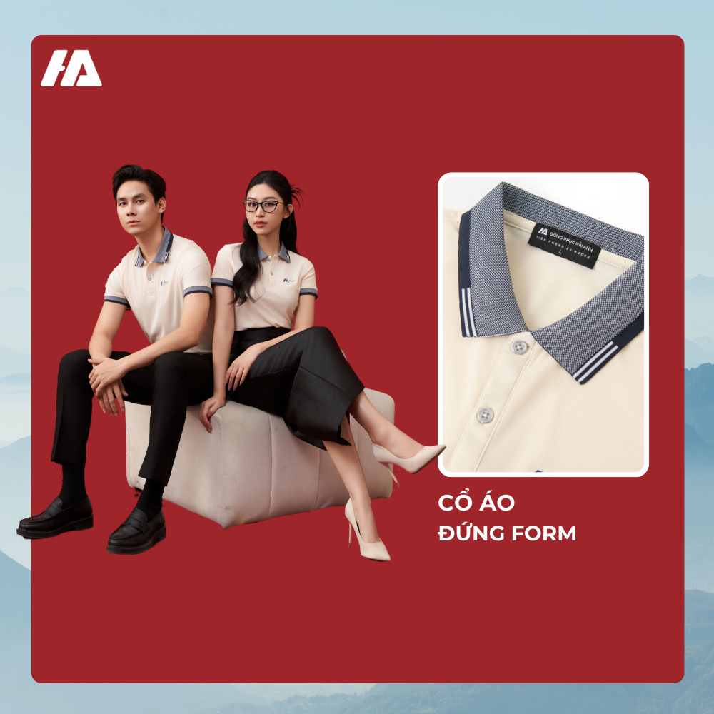Thiết kế áo đồng phục màu be phối xanh đen chỉn chu, tỉ mỉ từng chi tiết