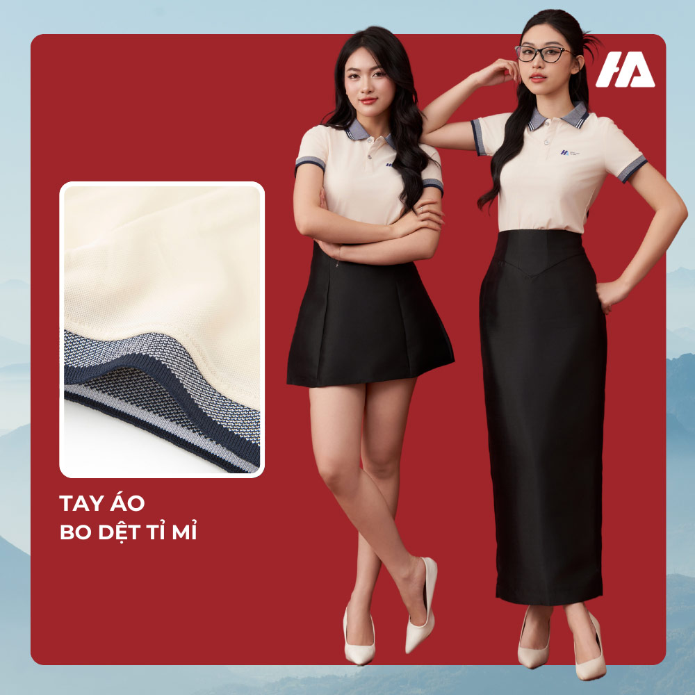 Thiết kế áo đồng phục màu be phối xanh đen chỉn chu, tỉ mỉ từng chi tiết