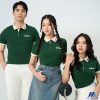 Áo thun đồng phục màu xanh iris phối màu be thêu logo cổ trái