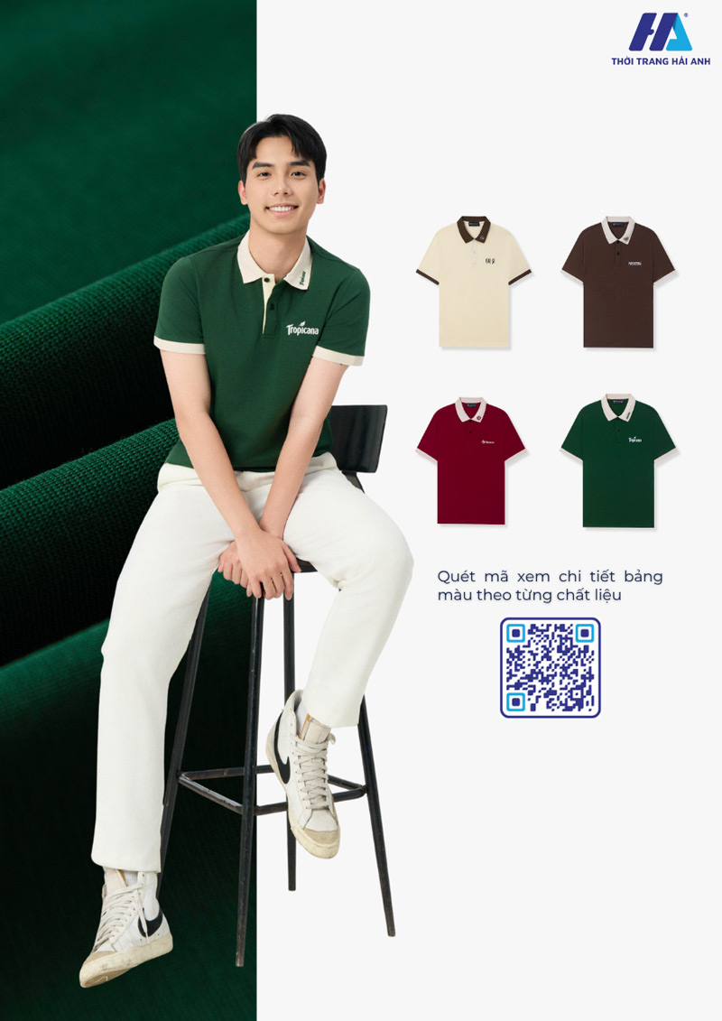 Màu xanh iris phối be tạo nên mẫu áo polo đồng phục hiện đại, phù hợp nhiều ngành nghề